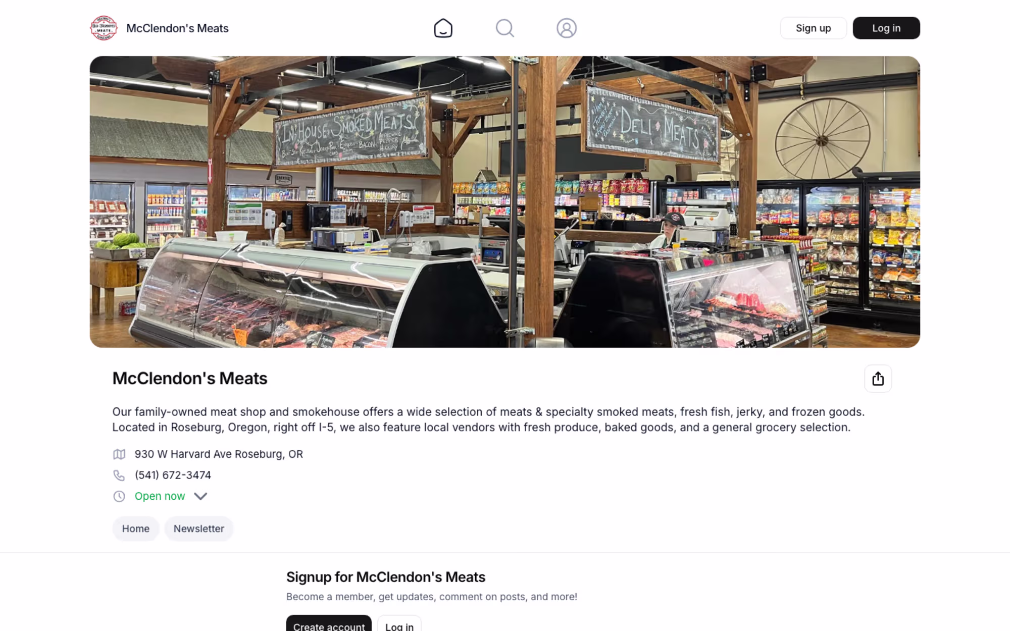 The McClendon's Meats shop page: their counter photo, hours, phone, and address